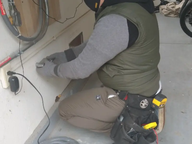Electrician performing outlet wiring in a Camp Pendleton South garage